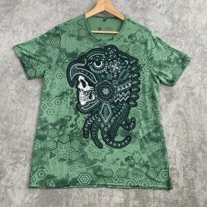 Ay Guey Shirt Men XL Green Aztec Warrior Print Penacho Headdress Viscose Playera